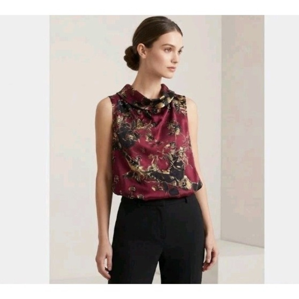 Tahari Women's Size O Sleeveless Satin Top Blouse Burgundy Black Floral Gold